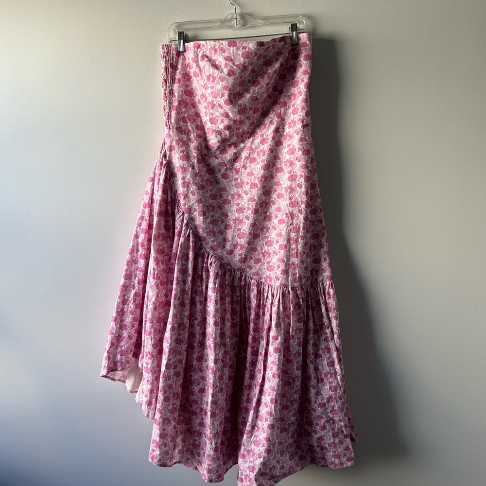 Hyacinth House pink and white printed strapless asymmetrical hem dress